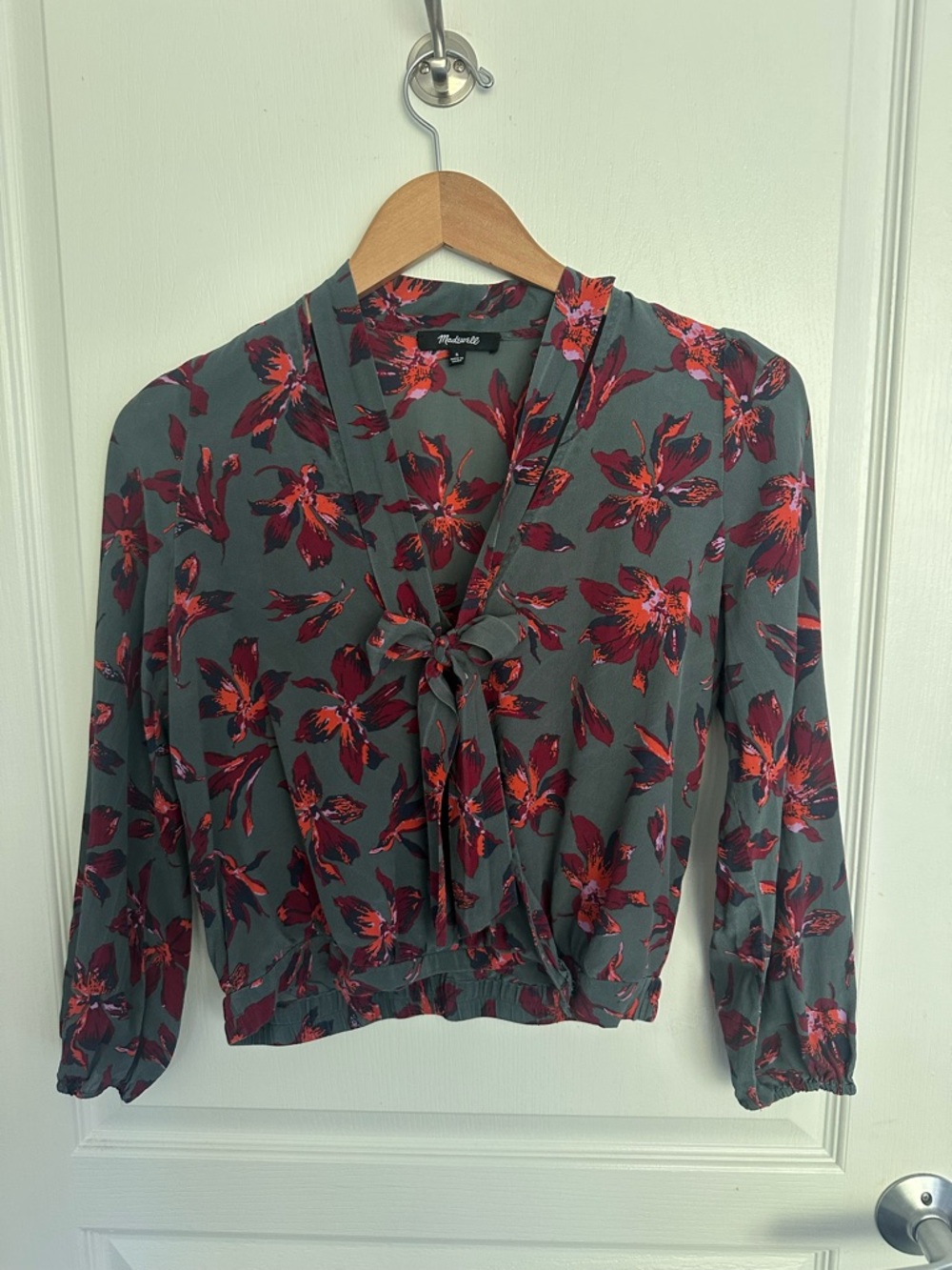 Madewell Olive Green Floral Tie-Neck Blouse 3/4 Sleeves